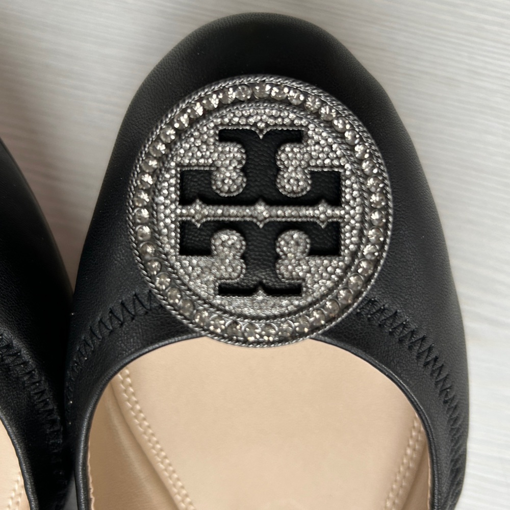 NIB Tory Burch "Liana" Genuine Leather Ballet Flat Black, Crystal T Logo Sz 7.5M - Picture 3 of 9